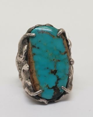 Vintage Old Pawn Sterling Silver Turquoise Ring Size 10