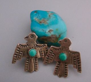 Vintage Navajo Old Pawn Sterling Turquoise Fred Harvey Era Thunderbird Earrings