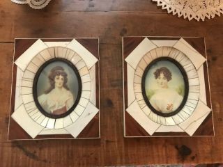 Antique French Miniature Portrait Paintings Of Two Ladies