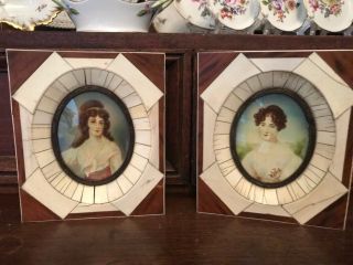 Antique French Miniature Portrait Paintings of Two Ladies 2