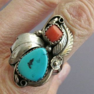 Vintage Old Pawn Sterling Long Turquoise & Coral Squash Blossom Feather Ring