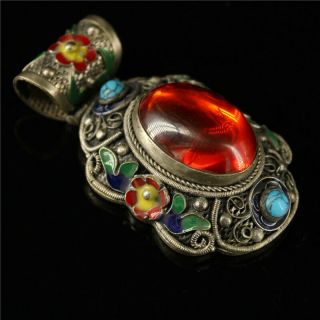 2.  76 " Old Chinese Exquisite Cloisonne Silver Inlay Red Zircon Handmade Pendant