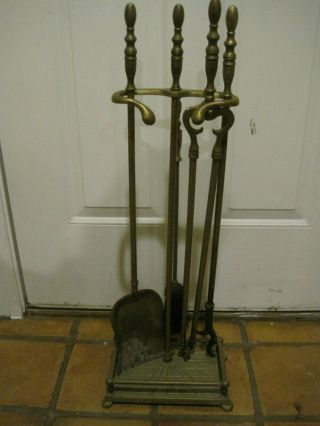 Vintage Solid Brass Fireplace 5 Piece Footed Tool Set Spiderweb Base