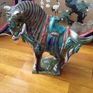 Vintage Chinese Tang Dynasty Style Ceramic Warrior Horse Figurine