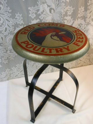 Vintage Red Comb Poultry Feeds Rooster Metal Stool Farmhouse Decor