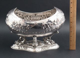 Large Antique Hand Hammered Silver On Bronze Center Fruit Bowl W/ Dolphins