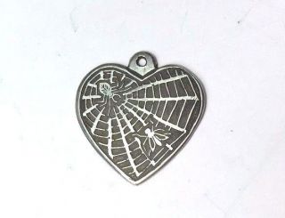 An Awesome Antique Sterling Silver Heart Pendant Charm With Bug And Spider Web