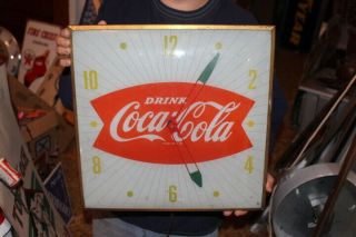 Vintage C1960 Coca Cola Fishtail Soda Pop 15 " Lighted Pam Metal Clock Sign
