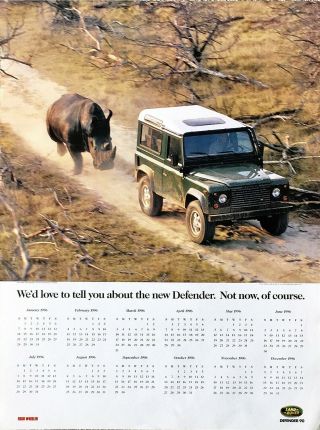 Land Rover Defender 90 Wagon Rhino Not Now As Poster 1996 Rare Advertising