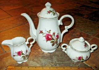 Vintage Moss Rose Pompadour Coffee Tea Pot Sugar Creamer 3pc Set