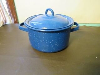 Vintage Blue Enamelware Stock Pot W Lid And Handles Camping Cookware