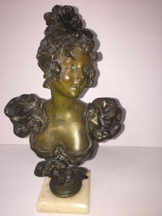 Antique Art Nouveau Womans Bust 1900s Art Statue Cast Spelter Marble Base