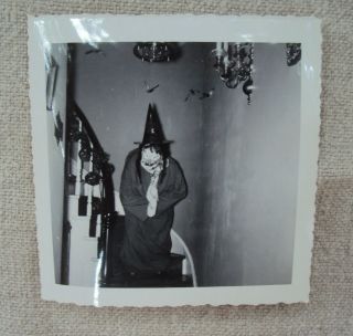 Halloween Child In Witch Costume Black & White Photo 1950s C