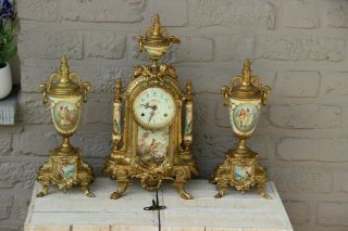 Gorgeous French Porcelain Victorian Scene Clock Set Candelabras Urns Fhs