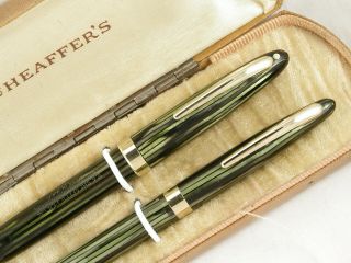Vintage Green Stripe Sheaffer 1000 Lifetime Fountain Pen Set Restored Vac - Fill