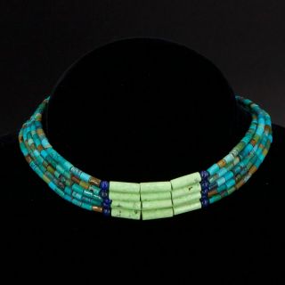 Vtg Sterling Silver - Navajo Turquoise & Lapis Heishi Bead Choker Necklace - 37g