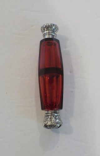 19th C.  Ruby Glass Double Ended Scent Bottle,  Embossed Silver Ends (5)