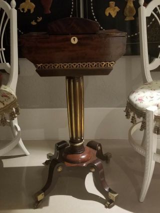 Antique Victorian Wood And Bronze Sewing Stand And Box