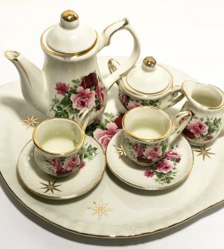 10 Pc Vintage Child Porcelain Tea Service Set Moss Rose Gold Starburst