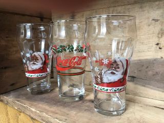 3 Vintage Coca - Cola Coke Libbey Santa Claus Glasses 16oz Snowflake Holly Holiday