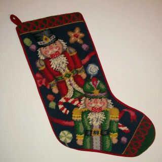 Vintage Wool Needlepoint Christmas Toy Soldier Nutcracker Hanging Stocking