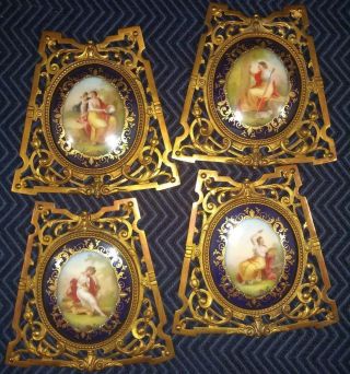 (4) 19th Century Painted German Porcelain Plaques In Brass Frames