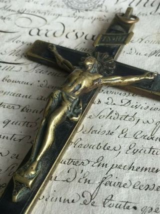 Antique Large Italian Bronze Crucifix Cross Jesus Christ Roma Vatican Dated 1875