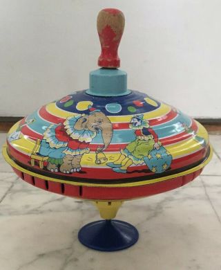 Vintage Schylling Metal Tin Toy Top - Circus Spinning,  Wooden Handle,  Older Model