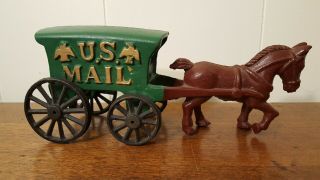 Vintage Cast Iron U.  S.  Mail Horse And Wagon Cart Buggy Carriage Green 7 Inches