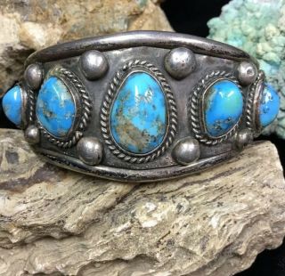 Vintage 1940’s Native American Sterling Silver & Turquoise Cuff Bracelet,  49.  3g