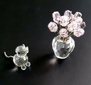 Swarovski Crystal Miniature Vase With Pink Roses And Cat