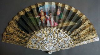 Hand Painted 19th Century English? Victorian Pierced Gilded Mother Of Pearl Fan