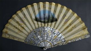 HAND PAINTED 19TH CENTURY ENGLISH? VICTORIAN PIERCED GILDED MOTHER OF PEARL FAN 2