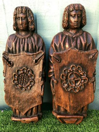 Pair: Antique Gothic Medieval Figures Holding Shields With Tudor Roses