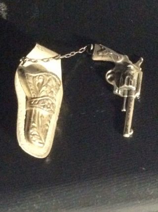 Vintage Sterling Silver Western Holster Removable Gun Charm Tie Clip Patina