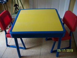 Vintage Child Size Fisher Price Table And Chairs Arts And Crafts 1985 Blue &red