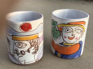 Desimone 2 Cups Italy Coffee Mugs Art Pottery Cubism Modern Italian Vintage