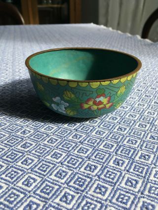 Cloisonne Over Copper Bowl,  Green With Red And Light Blue Flowers