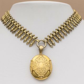 Antique Victorian Book Chain Etruscan Sterling Silver Vermeil Locket Necklace