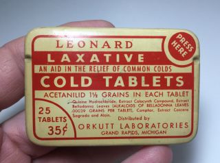 Vintage Leonard Laxative Cold Tablets Advertising Medicine Tin Orkutt Lab