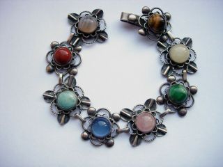 Vintage Arts And Crafts Silver & Multi Gemstone Bracelet Handmade 1930s