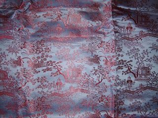 Antique China/japan Silk Brocade Fabric Blue W/red Pagodas Trees Bridges