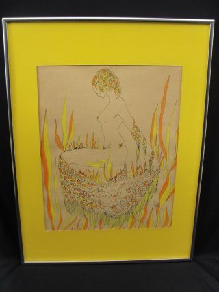 Vintage 1974 Pop Art Kneeling Nude Watercolor Painting By Andrea