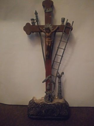 Antique Vtg.  Passion Of Christ Crucifix Arma Christi Wood Metal Early 1900s 12 "