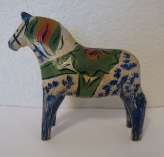 Vintage Primitive Light Cream & Blue Colorful Dala Horse Swedish Christmas