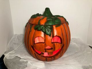 Rare Huge Vtg Ceramic Halloween Jack - O - Lantern Pumpkin W/ Light And Green Vines