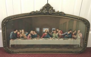 Large Antique The Last Supper Art Print With Unusual Shaped Baroque Style Frame