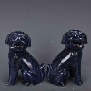 Chinese Ancient Antique Hand Make Blue Glaze Carved Lion Porcelain Decoration C