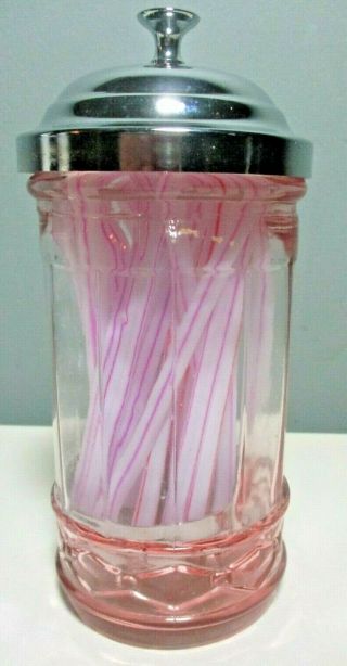 Retro Style Pink Glass Straw Dispenser With Chrome Plated Lid