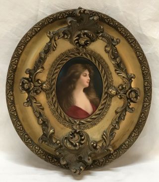 Antique Late 19th C Young Woman Porcelain Plaque Oil Painting Gold Frame Signed